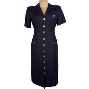 Vintage 90s Jessica Howard Linen Rayon Button Front Midi Dress Black Size 4P